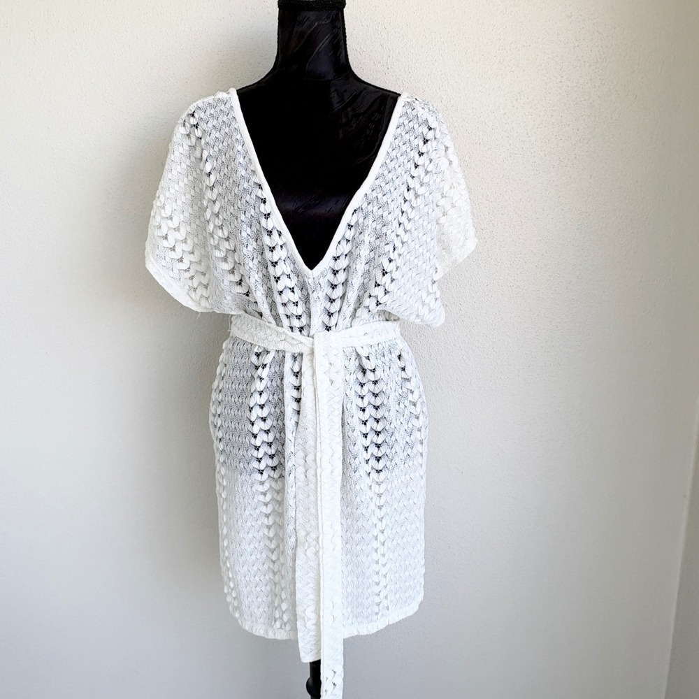 Kona Sol Swim Cover Up Crochet V-Neck Tie Waist, Womens XL White‎